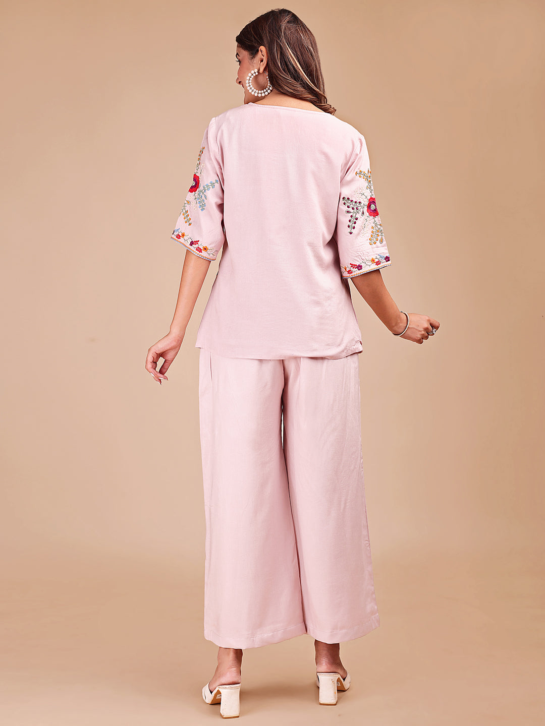 Dusty Pink Colored Chic Embroidered Rayon Tunic & Flared Pant Co-ord Set